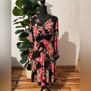 Halston Heritage Black and Pink Floral Long Sleeve Dress